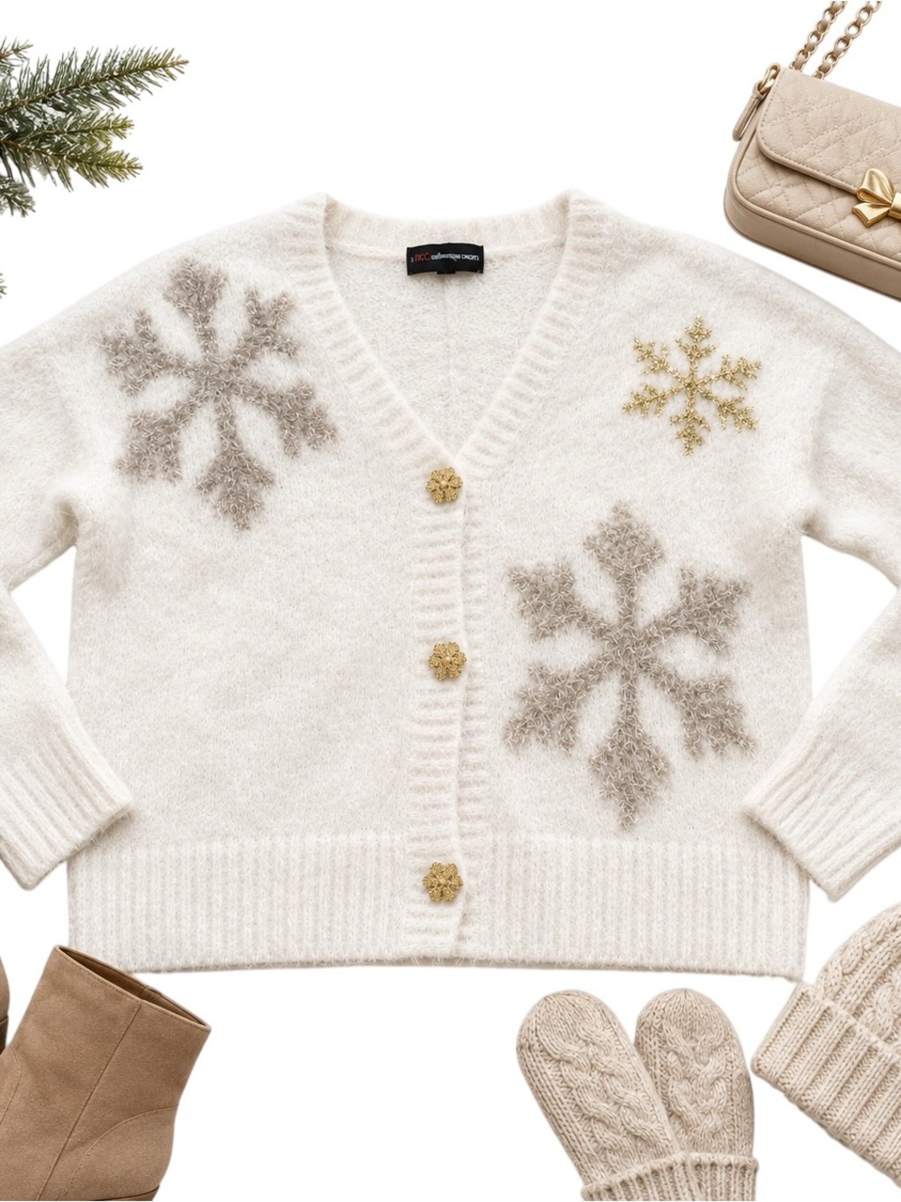 33 Degrees Snowflake Eyelash Knit Cardigan Ivory Gold Holiday Sweater M in EUC
